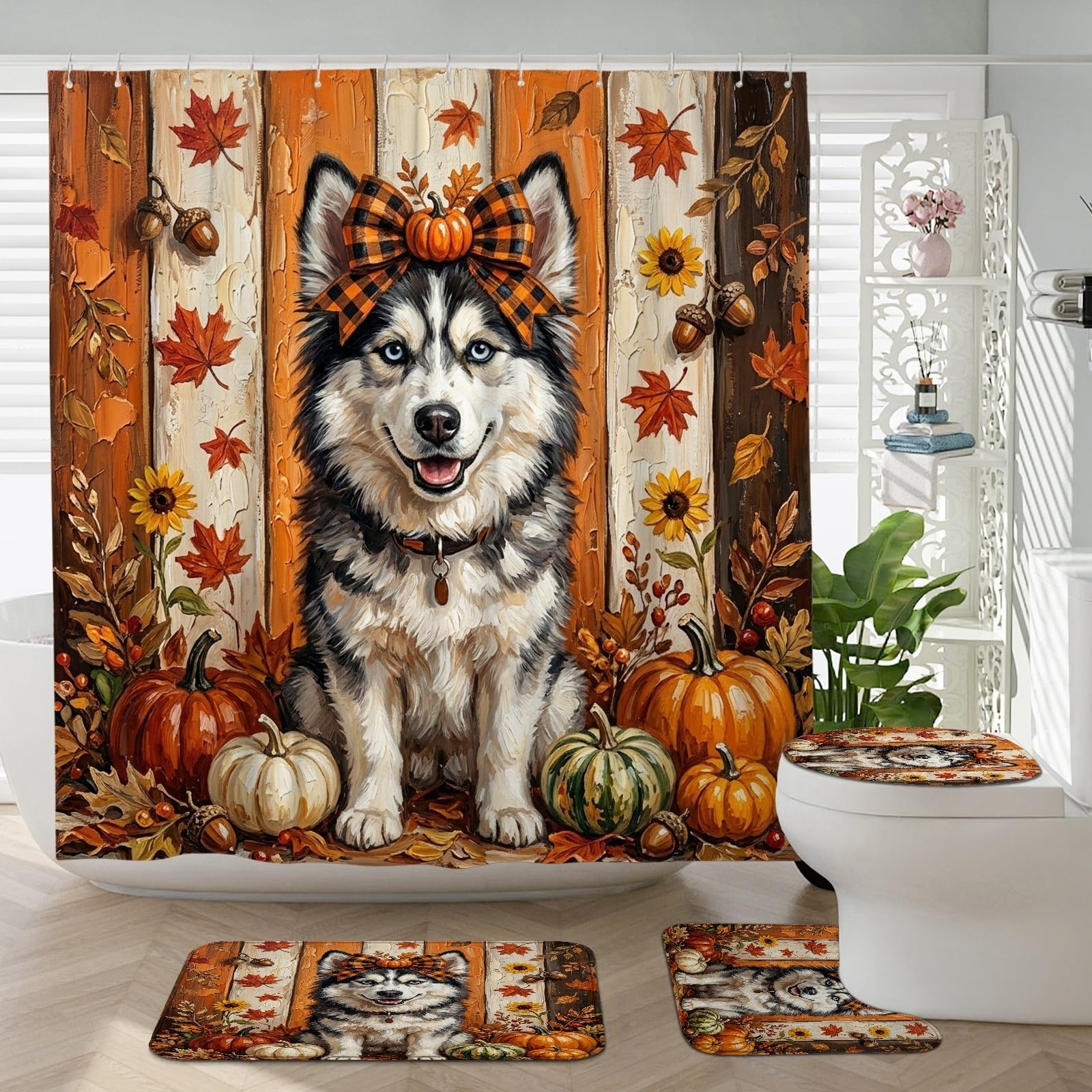 Tapis de couvercle de toilette et rideau de douche 183 x 183 d'automne de ferme