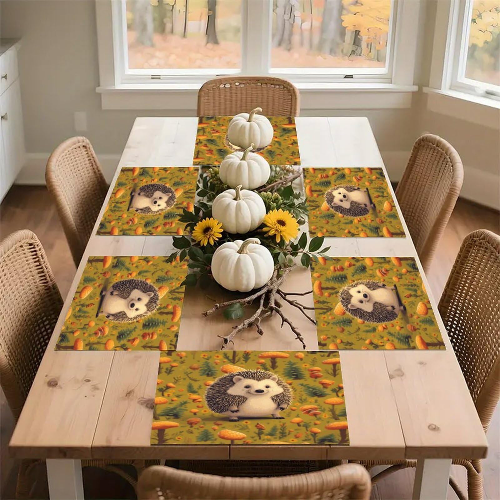 Hedgehog Placemats Wipeable Heat Resistant Table Mats Washable Flax Place Mats Elegant Cloth Non-Slip Placemat for Kitchen Dinning Party Table Decor 12 * 18 in