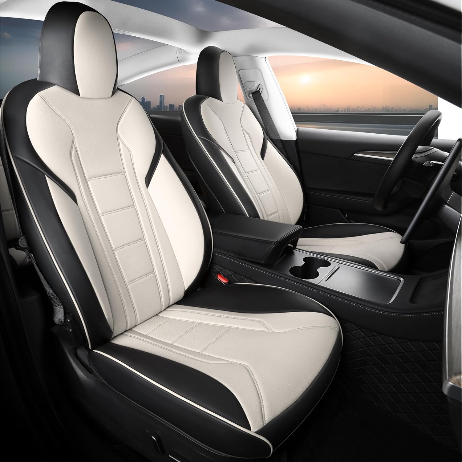 FREESOO Customized Seat Cover for Tesla Model 3 2017 2018 2019 2020 2021 2022 2023, Faux Leather Car Seat Cover Full Set Auto Seat Protector Accessories Black White