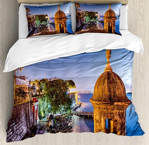 Lunarable Puerto Rico Duvet Cover Set, Coast at Paseo de la Princesa Retro Style Architectural Elements Photography, Decorative 3 Piece Bedding Set