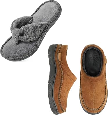 Zigzagger His & Hers Slippers Set of 2 pairs Size 9-10,Mens Slip On Moccasin Slipper, Indoor/Outdoor Warm Fuzzy Comfy House Shoes, Fluffy Wide Loafer Slippers,Cold Tawny&Light Grey