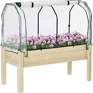 Outsunny Raised Garden Bed with PE Greenhouse Cover, Outdoor Elevated Wood Planter Box for Herbs and Vegetables, Use for Patio, Garden, Balcony, 121 x 55 x 117cm, Nature Wood Finish
