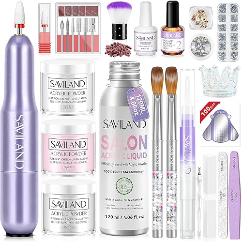 SAVILAND Acrylic Nail Kit with Drill: Professional Acrylic Nail Kit with Everything Acrylic Powder Liquid Nail Brush Primer Top Gel Rhinestones Nails Kit Acrylic Set Manicure Tools Salon DIY