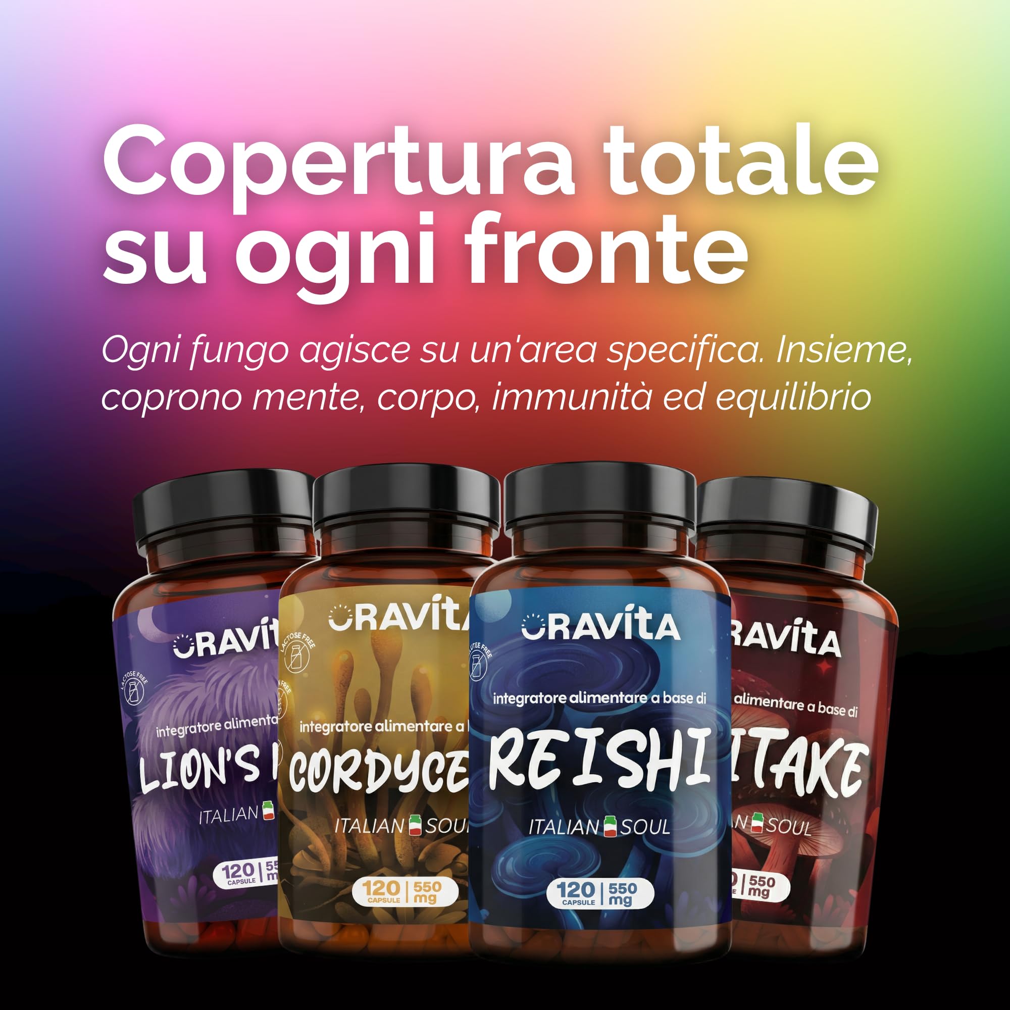 Kit Integratore Funghi Medicinali: Reishi, Lion's Mane, Cordyceps, Shiitake – Cortisolo, Memoria, Energia, Difese Immunitarie e Stanchezza Fisica e Mentale – 4 Flaconi da 120 Capsule Vegetali ORAVITA