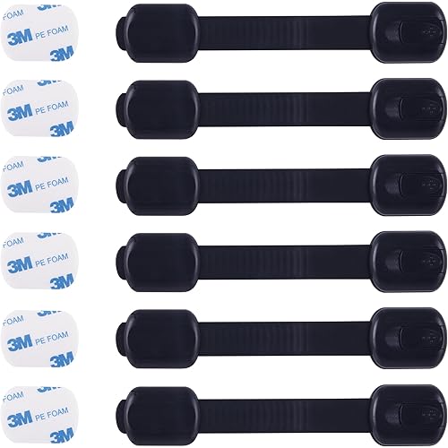 CUTESAFETY Child Proof Safety Locks - Baby Proofing Cabinet Lock with 6 Extra 3M Adhesives - Adjustable Strap Latches to Cabinets,Drawers,Cupboard,Oven,Fridge,Closet Seat,Door,Window (Black, 6)