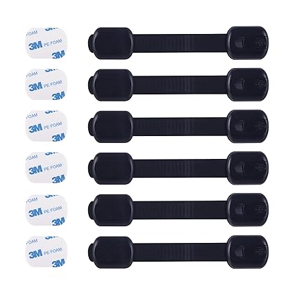 Child Safety Cabinet Locks (6 Pack) – Adjustable Baby Proofing Strap Latches with Strong 3M Adhesive – No Drill Childproof Locks for Drawers, Cabinets, Fridge, Door, Closet, Black