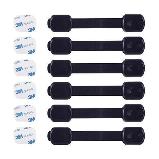 Child Safety Cabinet Locks (6 Pack) – Adjustable Baby Proofing Strap Latches with Strong 3M Adhesive – No Drill Childproof Locks for Drawers, Cabinets, Fridge, Door, Closet, Black