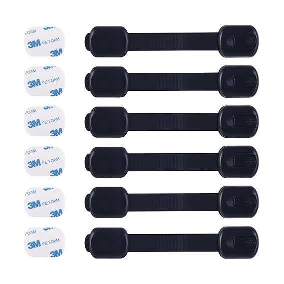 Child Safety Cabinet Locks (6 Pack) – Adjustable Baby Proofing Strap Latches with Strong 3M Adhesive – No Drill Childproof Locks for Drawers, Cabinets, Fridge, Door, Closet, Black