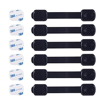 Child Safety Cabinet Locks (6 Pack) – Adjustable Baby Proofing Strap Latches with Strong 3M Adhesive – No Drill Childproof Locks for Drawers, Cabinets, Fridge, Door, Closet, Black