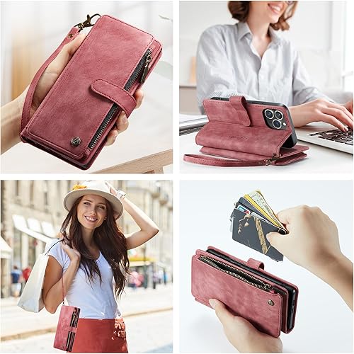 Miniatura 6 de CaseMe - Funda tipo cartera para iPhone 15 Pro, multifunción, hecha a mano, de piel sintética, con cremallera, a prueba de golpes, con cierre