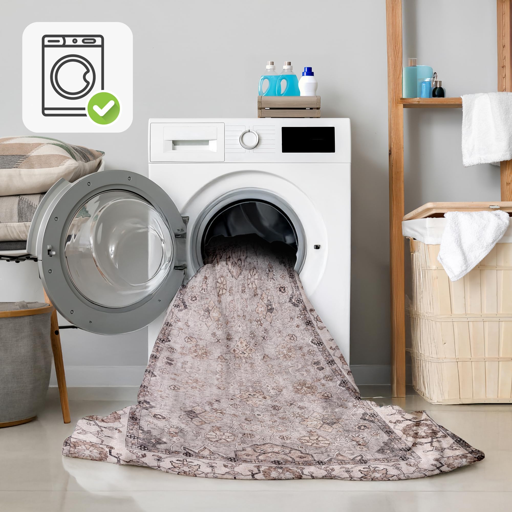 homeart Grand tapis lavable en machine - 67 % coton - Avec envers antidérapant - Ne perd pas ses poils - Pour salon, chambre à coucher, cuisine, salle à manger, couloir - Motif floral crème gris 200 x