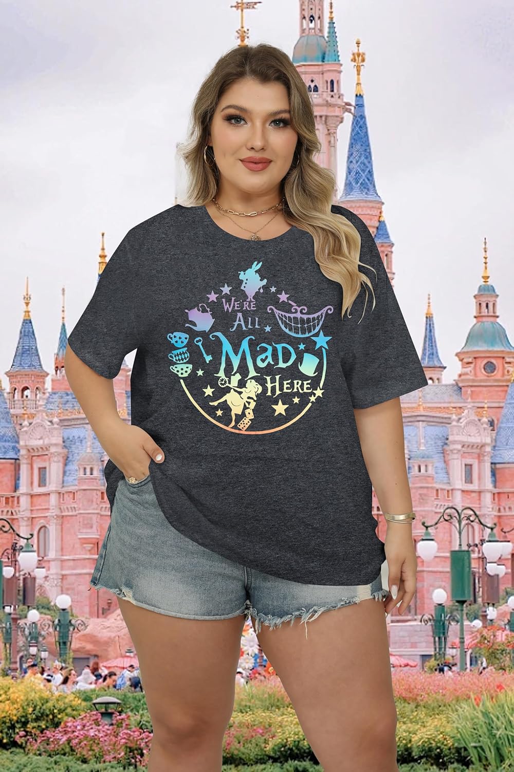 JULYCLO Plus Size Magic Shirt Loose Cute Princess Top We're All Mad Here Graphic T-Shirt for Women Funny Holiday Party Tee - Image 3
