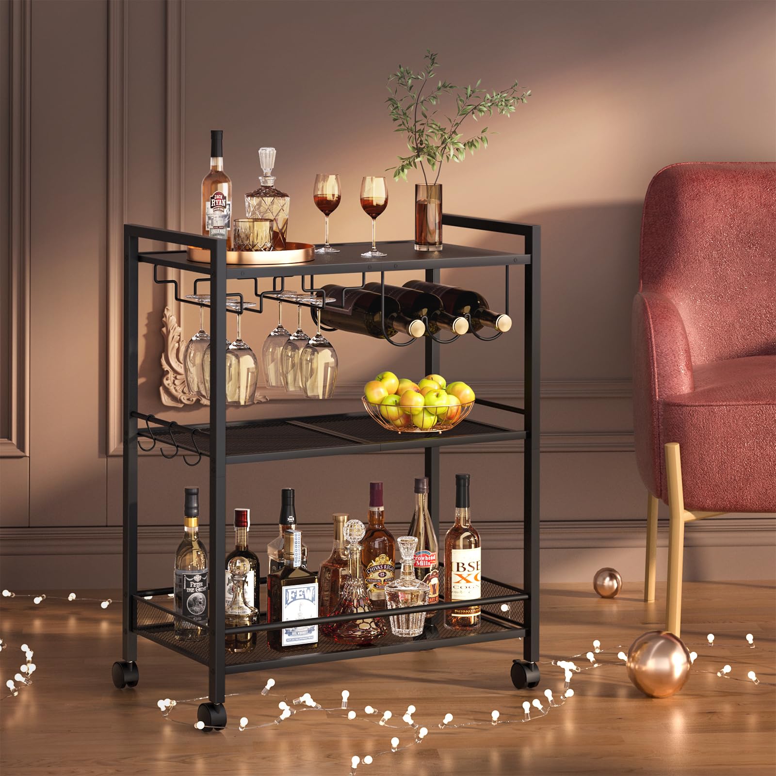 Joaxswe Bar Cart,3-Tier Home Bar Serving Cart with Lockable Wheels,Black