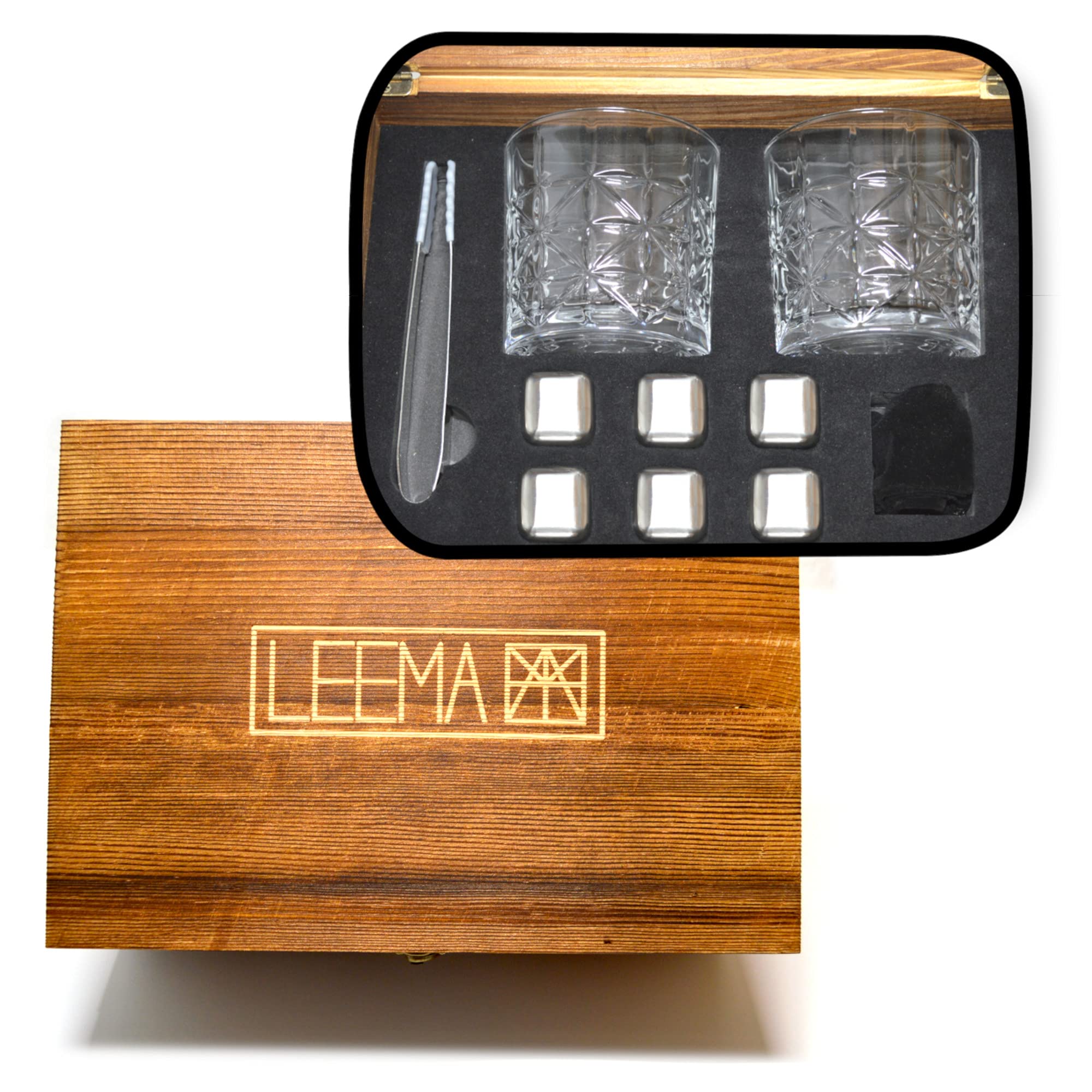 leema Lot de 2 verres à whisky de qualité supérieure avec 2 verres, boîte en bois, 6 cubes réfrigérants brillants réutilisables, pince à glaçons et sac de rangement pratique.