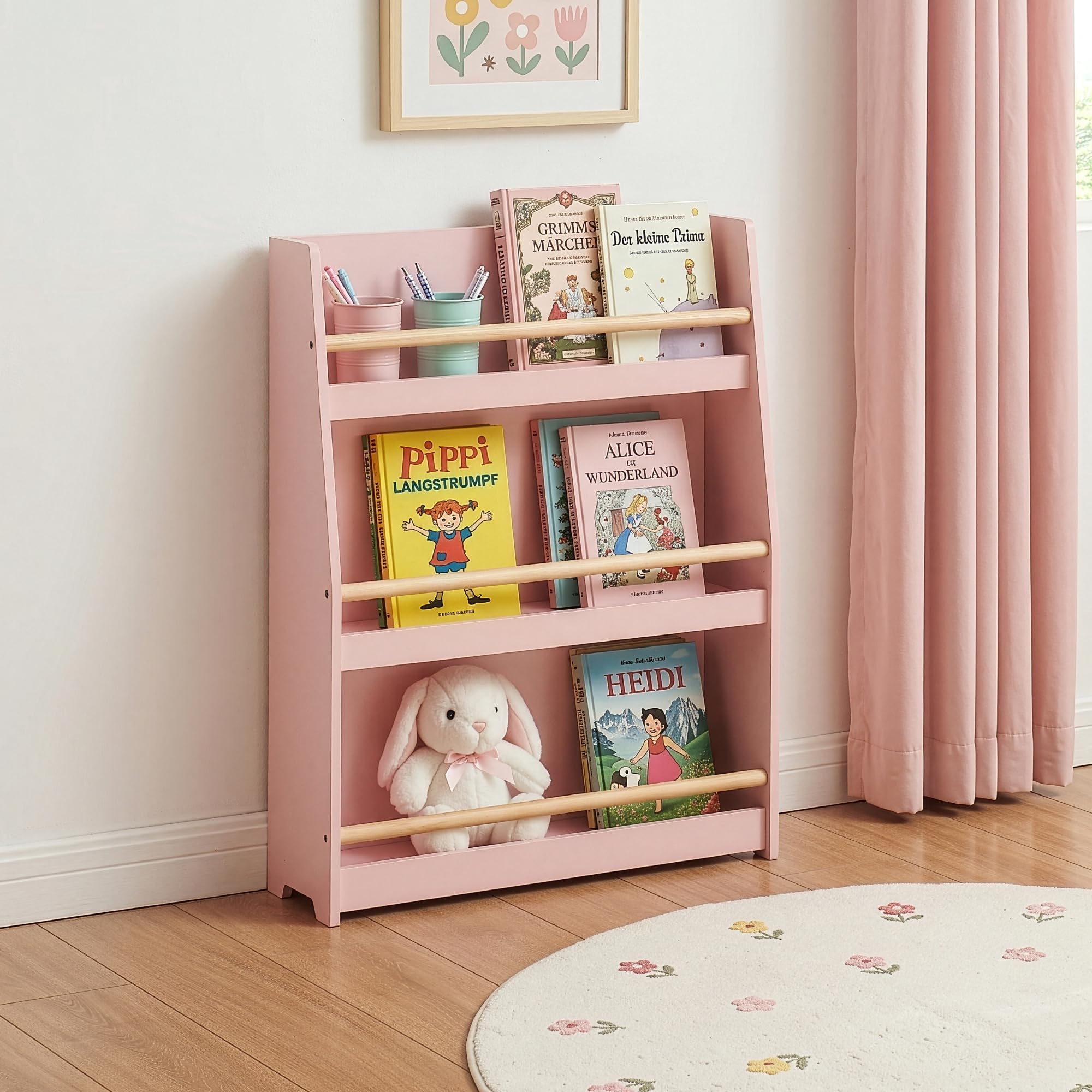 [en.casa] Libreria Montessori per Bambini a 3 Scomparti Aperti con Barra Scaffale Frontale Libri Quaderni Giocattoli per Cameretta Angolo Lettura 78 x 60 x 18 cm - Rosa