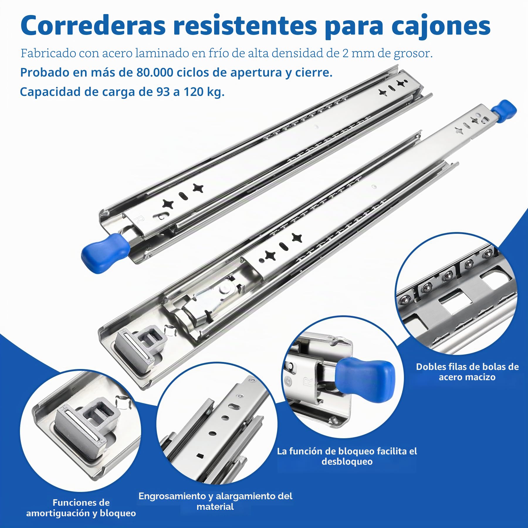 Guías Correderas para cajones con bloqueo integrada 800mm, Correderas Rodamiento de Bolas 99 KG Capacidad Rieles Guías Laterales para muebles,armarios,vehículos,Baño, 1 par