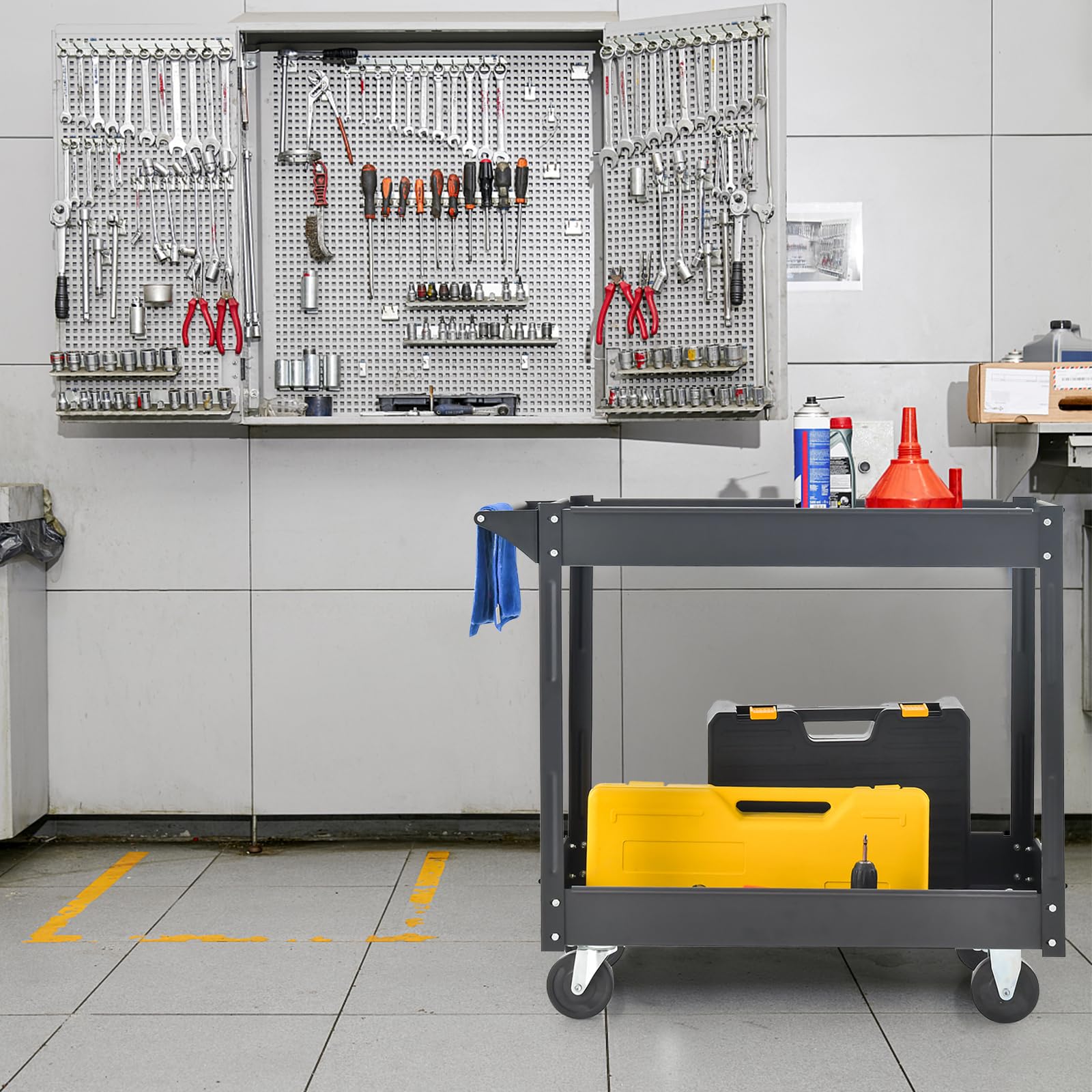 GYMAX Carrello Portaoggetti a 2 Livelli, Carrello Portautensili in Metallo Robusto con 4 Ruote Lisce, Carrello di Servizio con Maniglia Ergonomica, per Garage, Magazzino, Cucina, Nero/Rosso (Nero)
