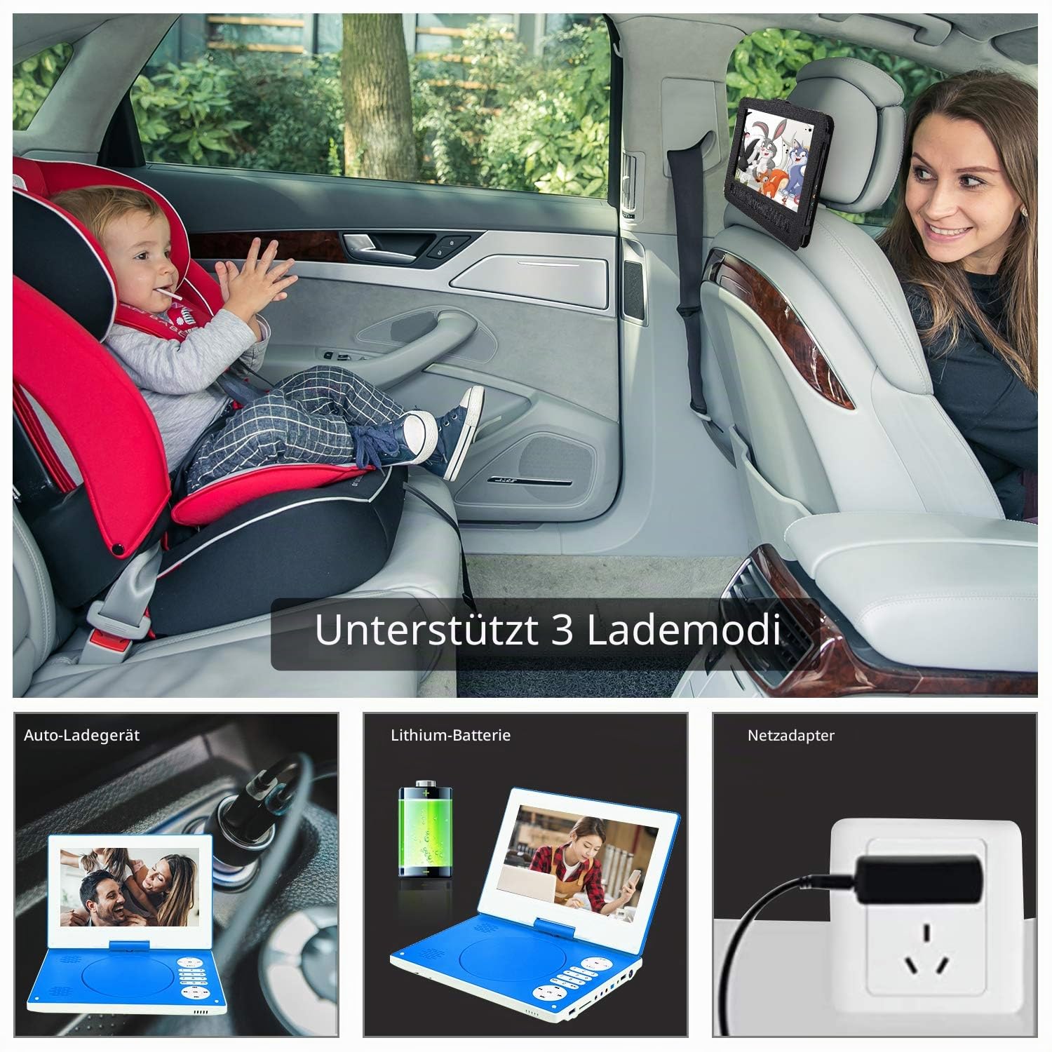 YOOHOO Tragbarer DVD-Player, 32,5 cm (12,5 Zoll) mit 26,7 cm (10,5 Zoll), 270° drehbarem HD-Drehbildschirm mit wiederaufladbarem Akku, AC-Adapter, unterstützt alle Regionen, Multiregionen