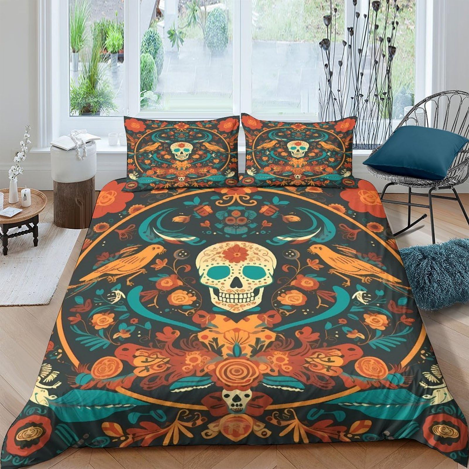 Ctjqhvkz Style-5 3D Printed Skull Floral Fitted Sheet Microfiber Orange Gothic Raven Mattress Cover For Bedroom Guest Room Decor Single（135X200cm）