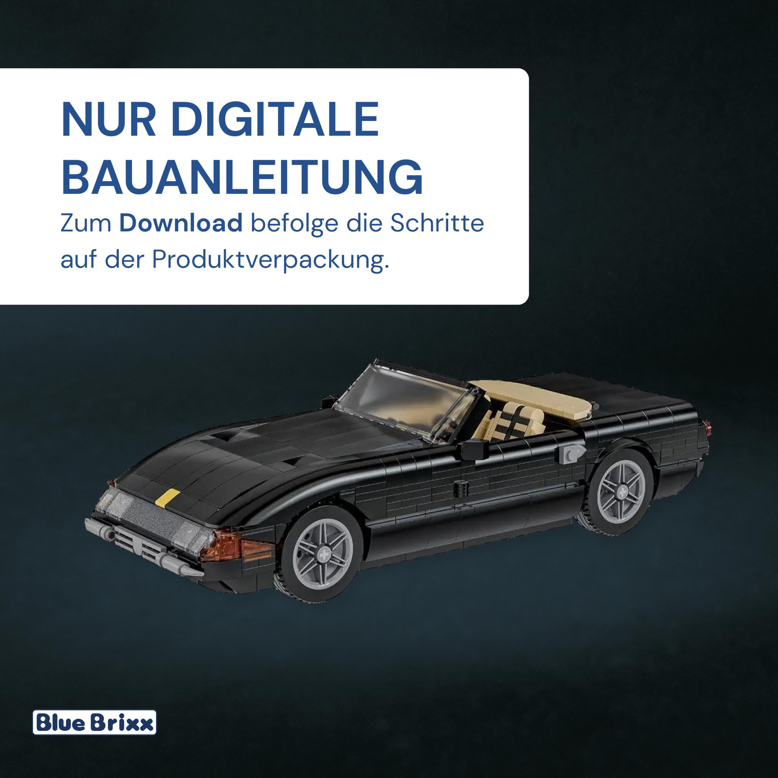 BlueBrixx 1970er Sport Cabriolet schwarz, 1291 Klemmbausteine, Oldtimer | Maßstab 1:18, 290 x 120 x 90 mm, offenes Verdeck, heller Innenraum, silberne Felgen, für Sammler, 109262