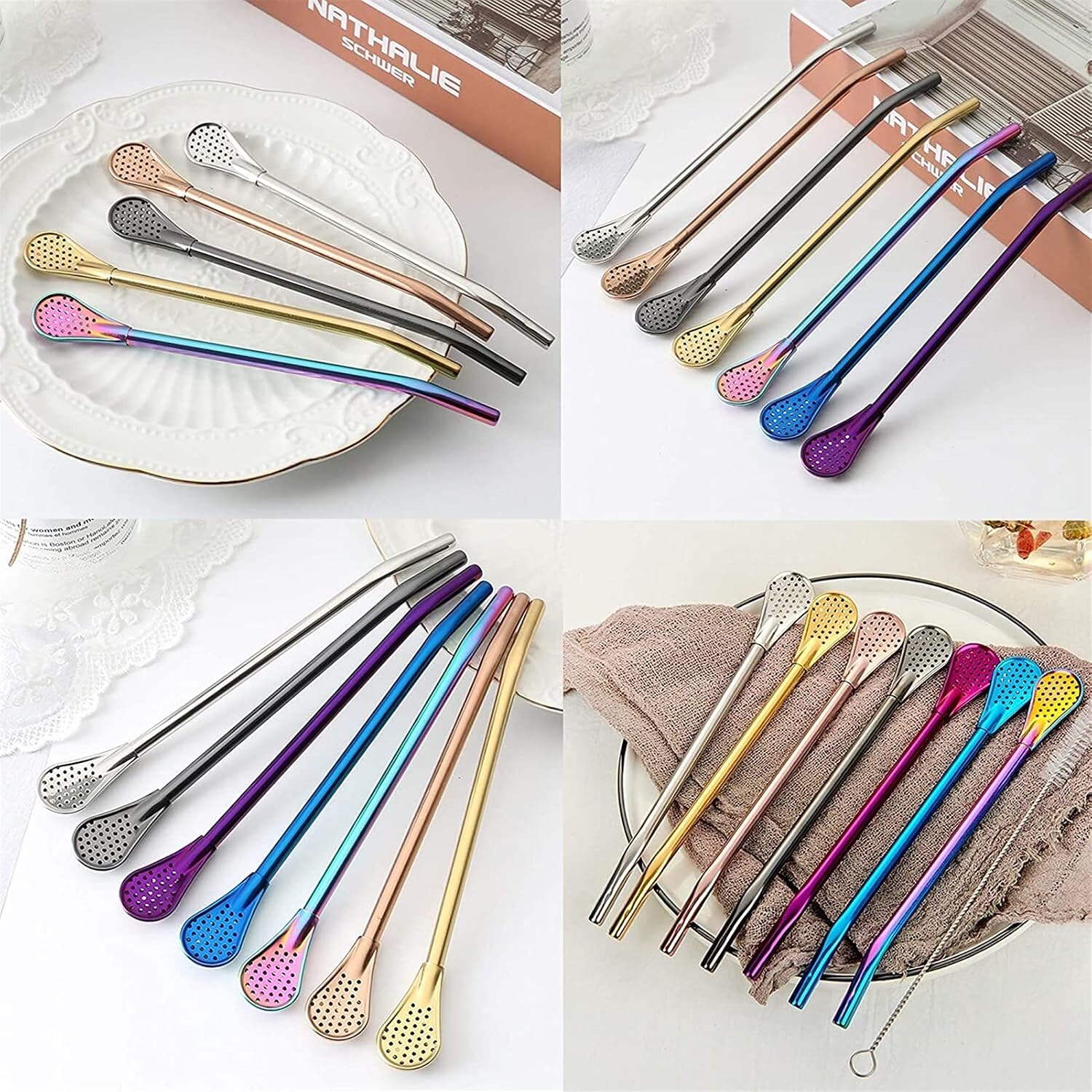 7 Pcs Straws Spoons Stainless Steel Drinking Straws Reusable 2 in 1 Metal Spoons Straws Drinking Spoons Metal Straws Fruit