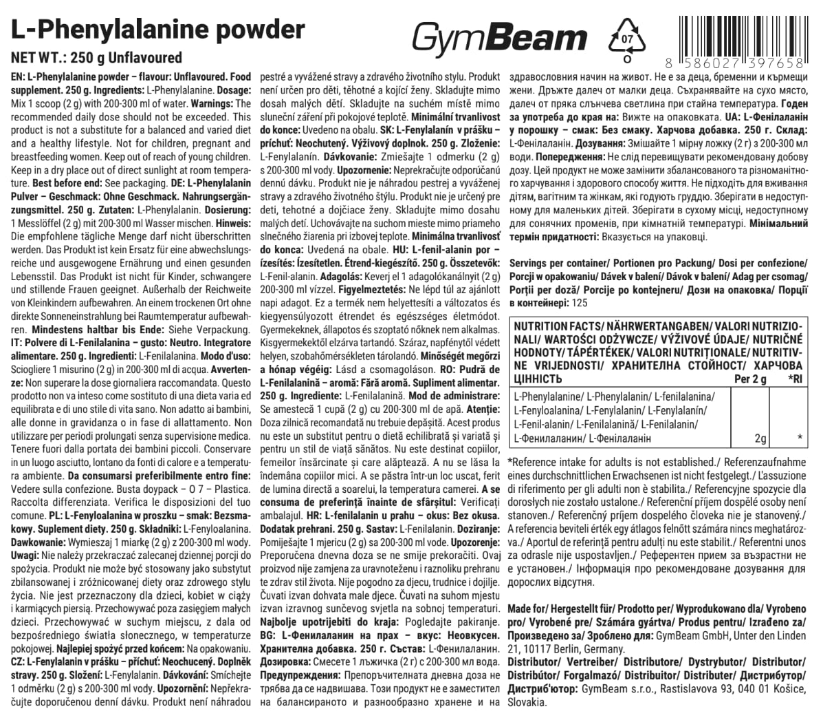 GymBeam L-Fenilalanina in Polvere 100% Pura - Amminoacido Essenziale per Atleti e Studenti - Vegan, Senza Glutine e Lattosio, Solubile e Insapore - Supporto Mentale e Post Allenamento, 250 g