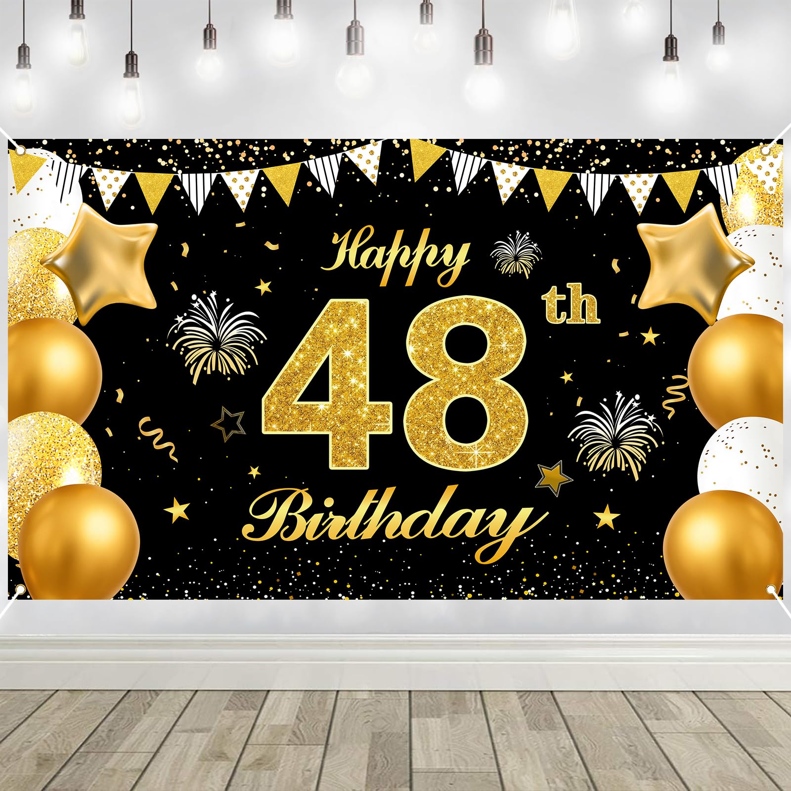 48th Birthday Decorations Banner Gold Black Happy Birthday Door Banner for Party Photo Backdrop for Men Women Home Outdoor Cover Party Decoration Supplies Poster