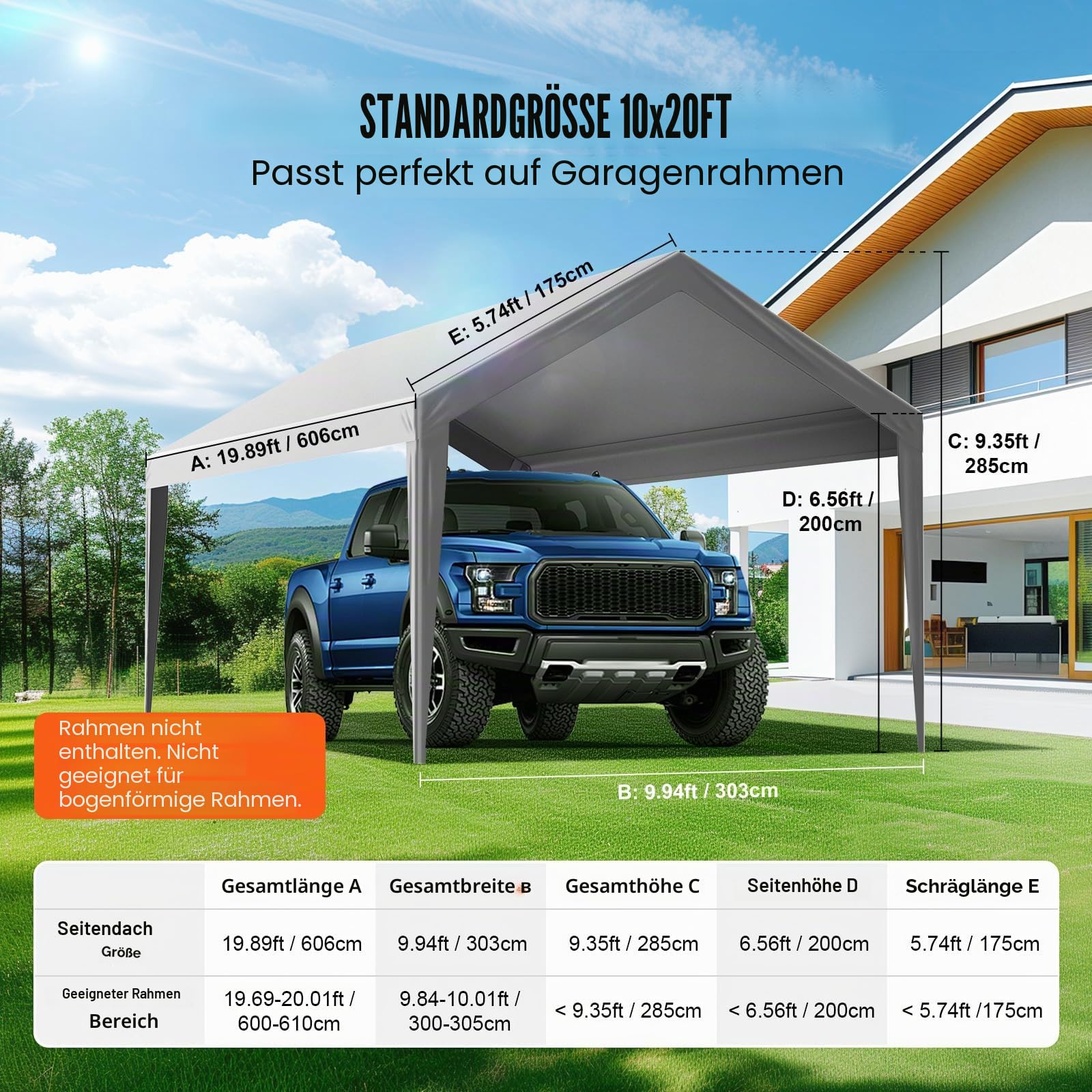 VEVOR Carport-Garagenzelt, 3 x 6 m, Garagendachzelt, wasserdicht und UV-geschützt, einfache Installation mit Spanngurten, Grau (nur Dachabdeckung, Rahmen Nicht im Lieferumfang enthalten)