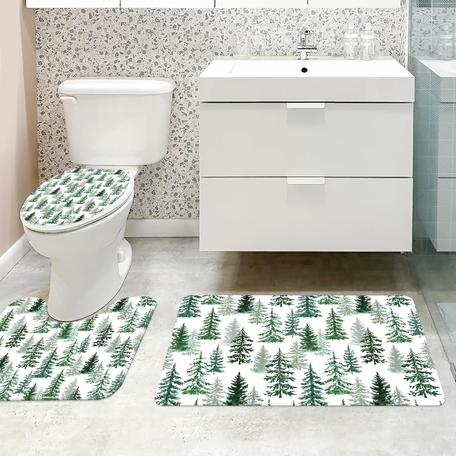 MEHOFOND 4pcs Christmas Winter Forest Shower Curtain Sets with Non-Slip Rugs Toilet Lid Cover and Bath Mat Teal Green Pine Tree Shower Curtain Sets Winter Nature Scene Xmas Holiday Bathroom Decor