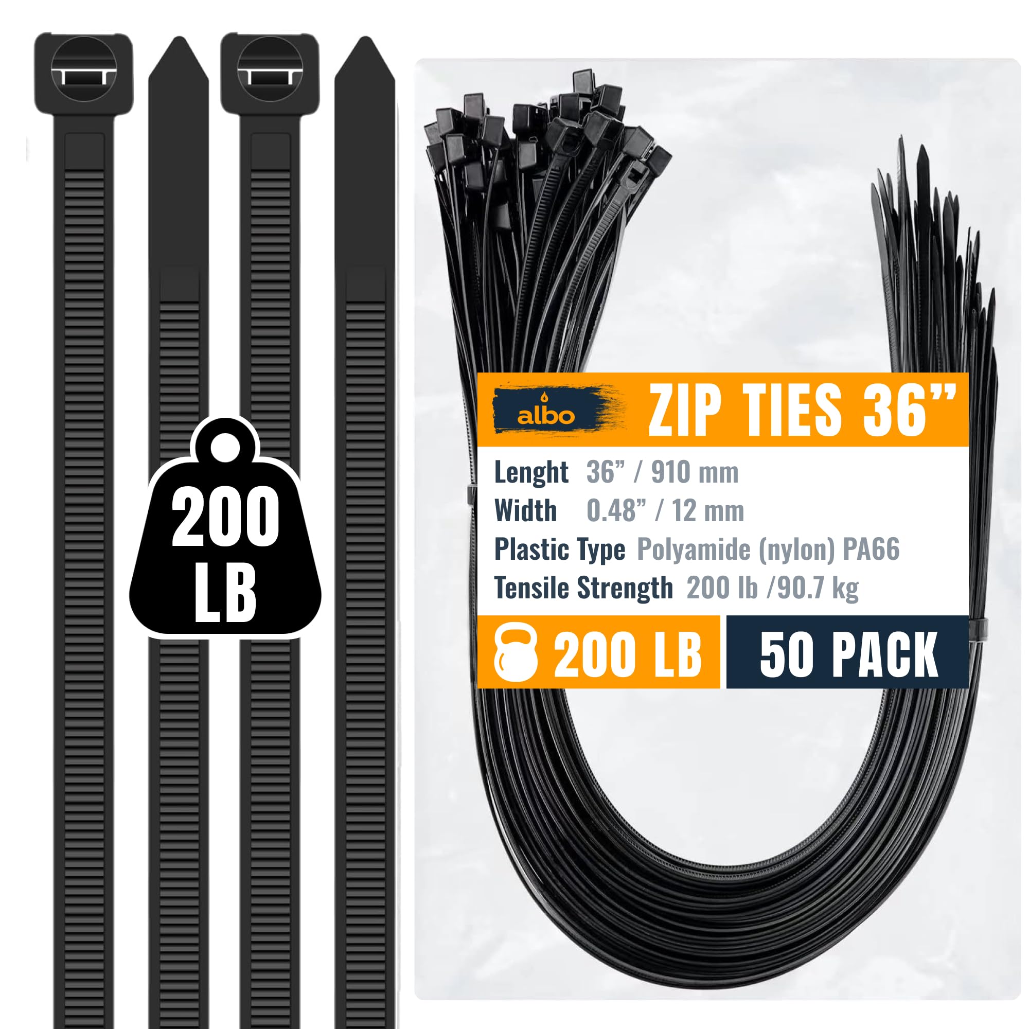 ALBO Black Zip Ties 36 Inch Plastic Cable Ties 50 Pack Tie Wraps Heavy Duty 200lb UV Resistant Nylon Wire Ties