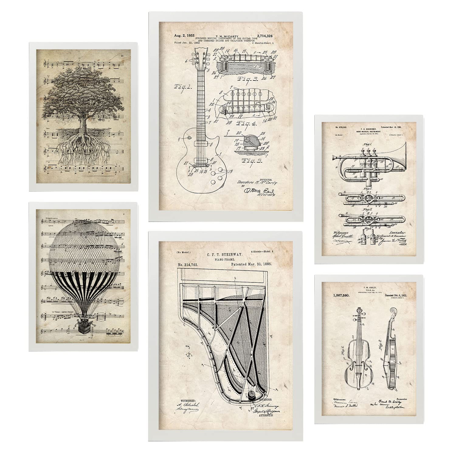 Nacnic Set of 6 posters Music Patent. Collection of posters in collage aesthetic for interior decoration. Sizes A3 and A4. White frames.