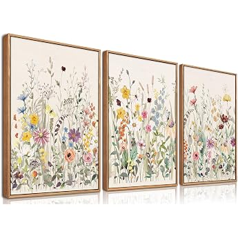 BINCUE Canvas Wall Art Watercolor Flowers Wall Pictures Colorful Wild Flowers Pictures Wall Decoration Botanical Decoration for Living Room Bedroom Home Frame 30 x 40 cm x 3