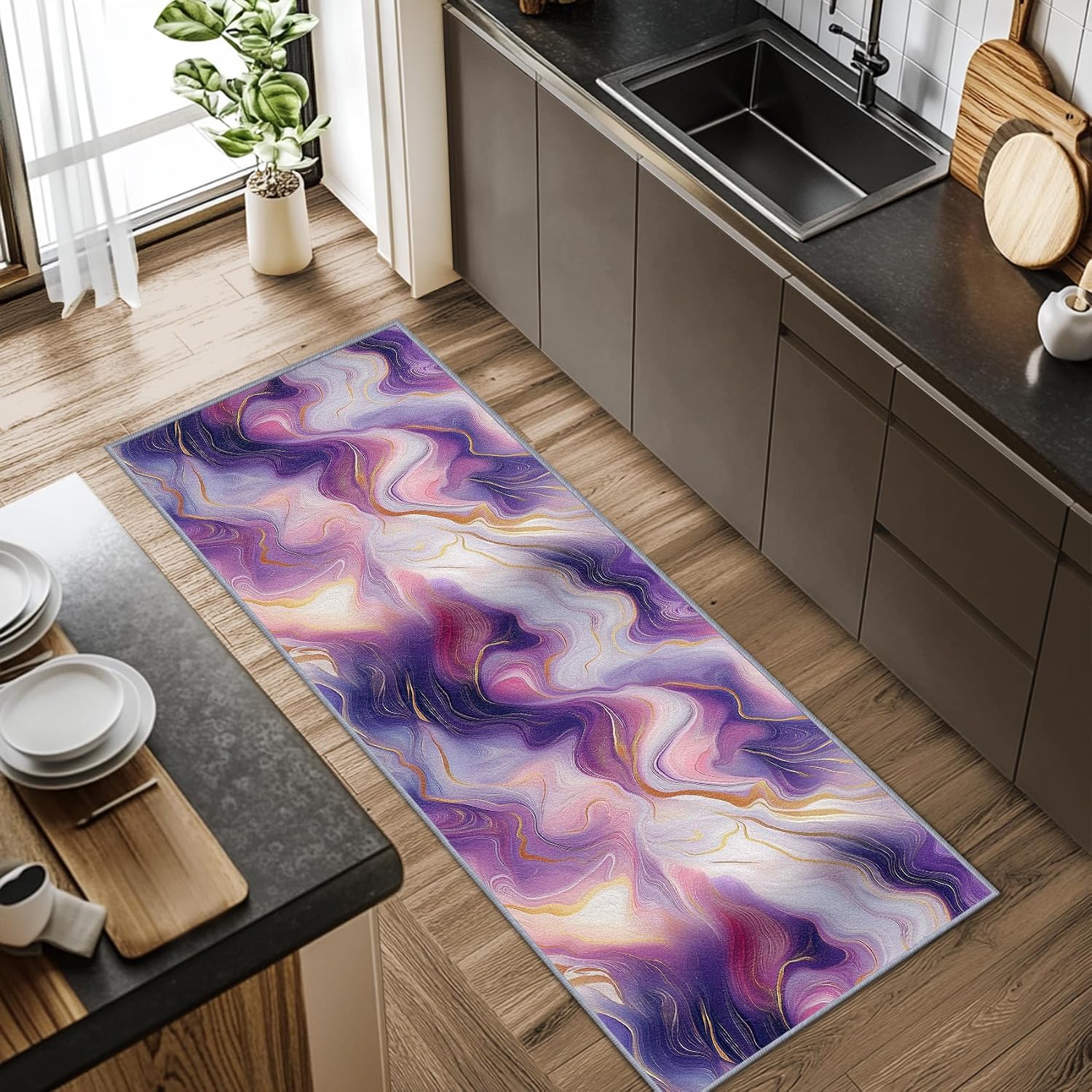 Marble Runner Rug, 2x6ft, Purple and Gold Runners for Hallways, Abstract Modern Luxury Runner Rug Non Slip Soft Home Decor #M031