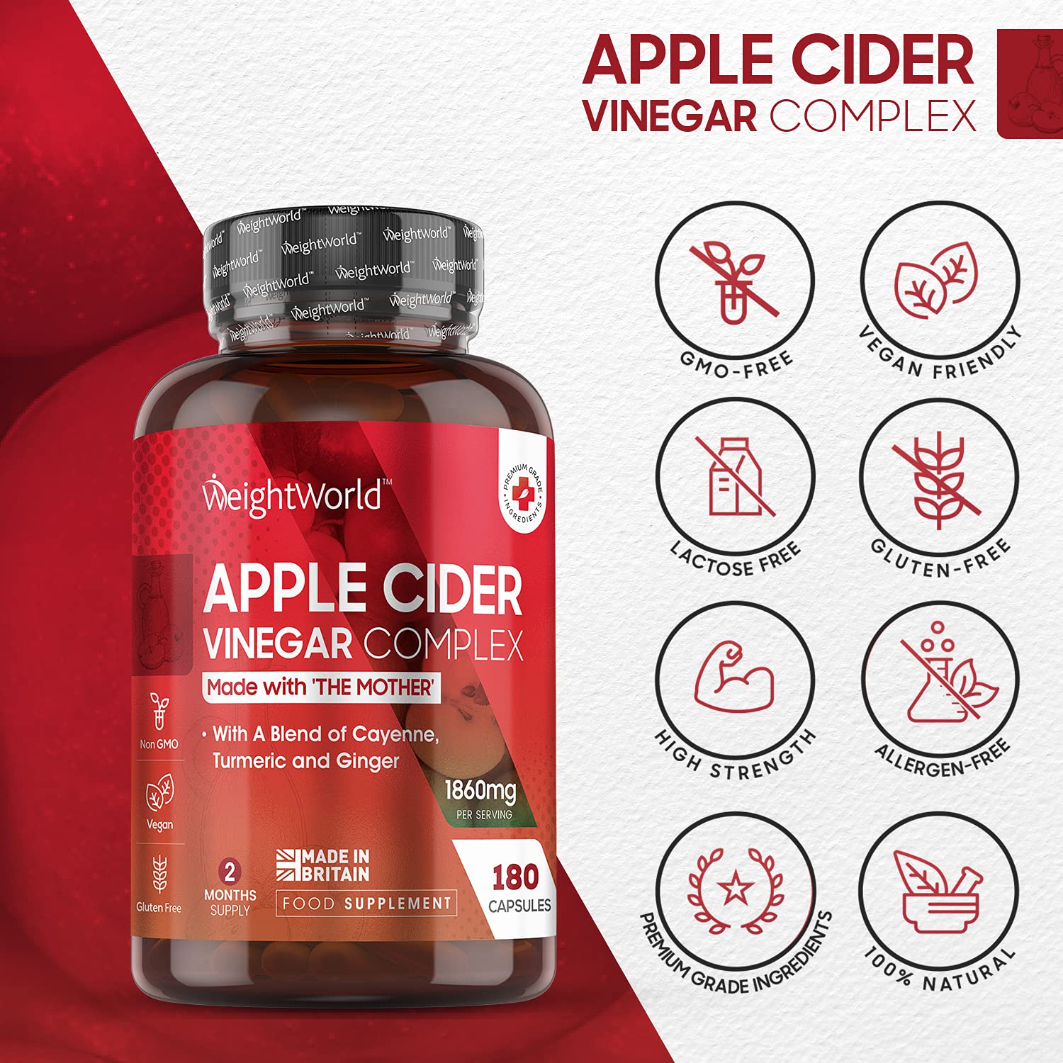 Apple Cider Vinegar with Mother 180 ACV Complex Capsules 1860mg