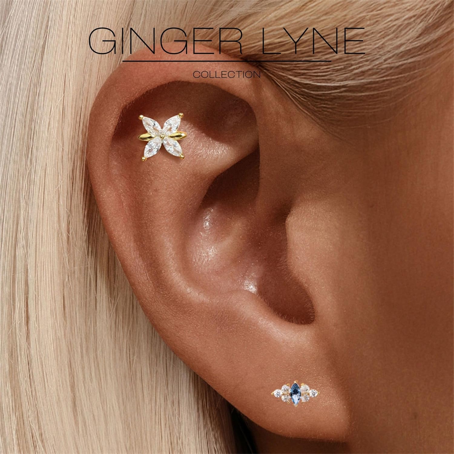 Butterfly Flat Back Earrings for Women by Ginger Lyne | Cubic Zirconia Flower Cartilage Tragus Helix or Lobe 1 Pair Gold Plated Sterling Silver 16 Gauge 8mm Post | Stud Body Jewelry Piercing