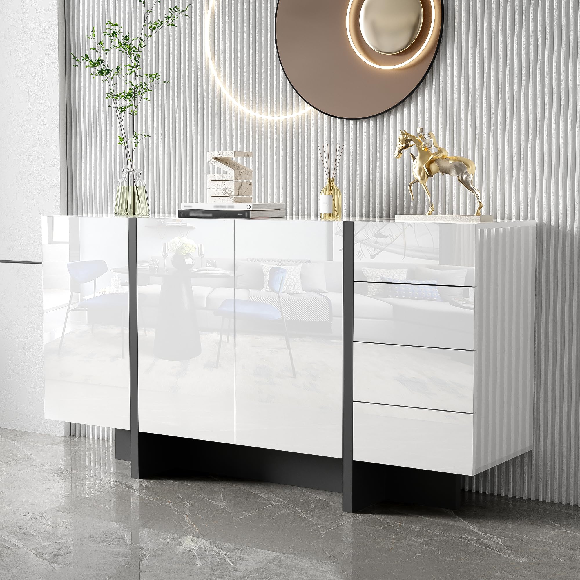 RanRan Weißer Hochglanz-Sideboard, moderner und Schlichter Anrichte mit 2 Türen und 4 Schubladen, leicht zu reinigen, ideal für Wohnzimmer oder Esszimmer