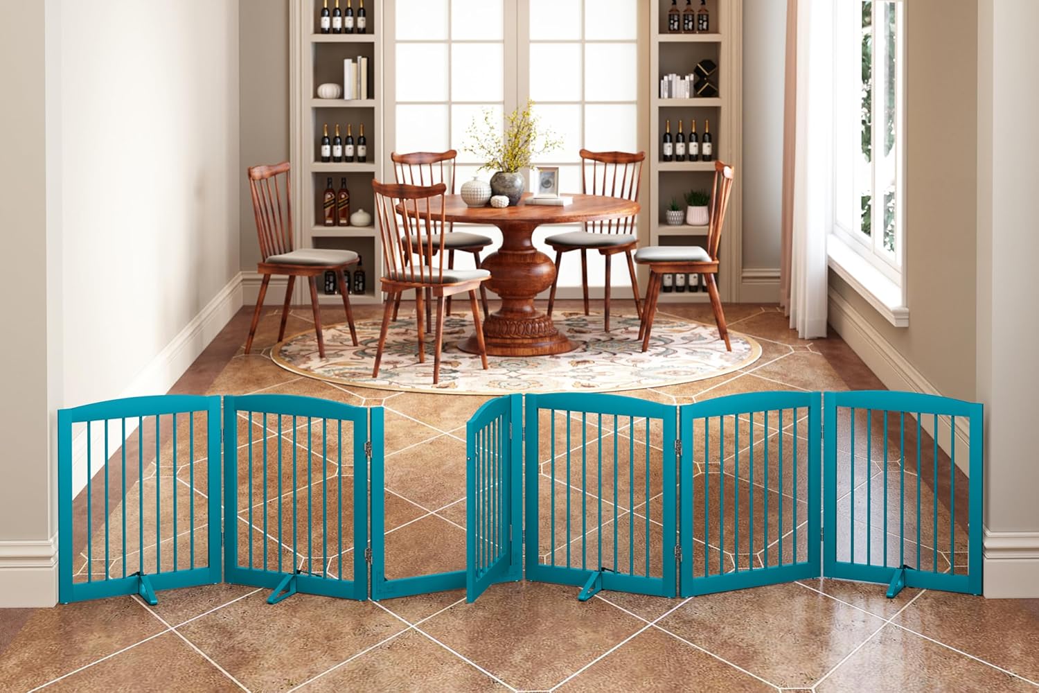 Freestanding Pet Gates with Walk Through Door, Dog Indoor Fence, Dog Gate for The House, Doorway, Stairs, Extra Wide Dog Gate, Support Feet Included, 120 Inch Wide, 6 Panels 24" Tall, Blue 6 Panel 24" Blue