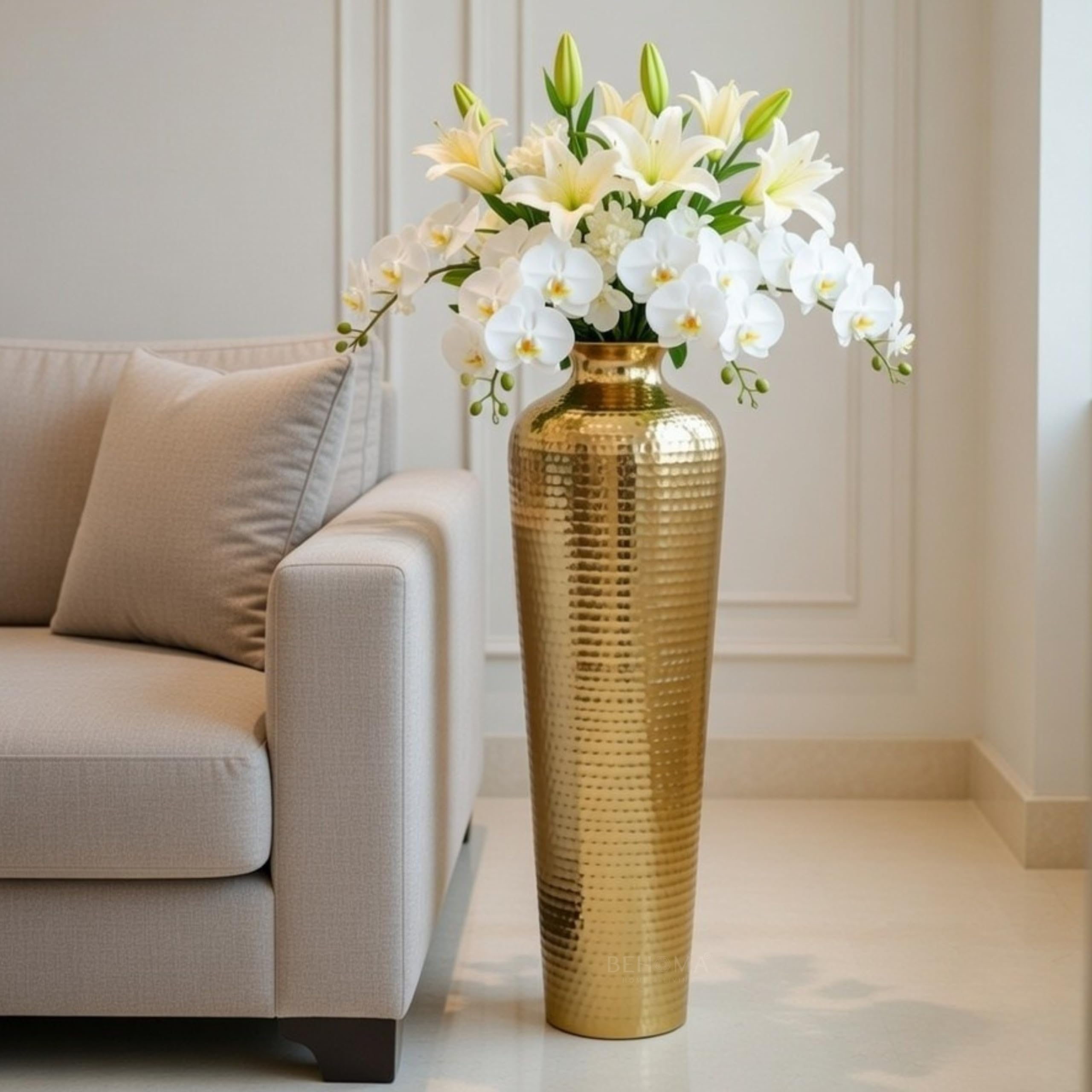 BEHOMA Premium Hand-Hammered Gold Metal Floor Vase | Tall Luxury Glossy Golden Standing Vase for Living Room & Home Décor | Modern Cylindrical Corner Vase | 1 Pc (Flower Not Included)-image-10