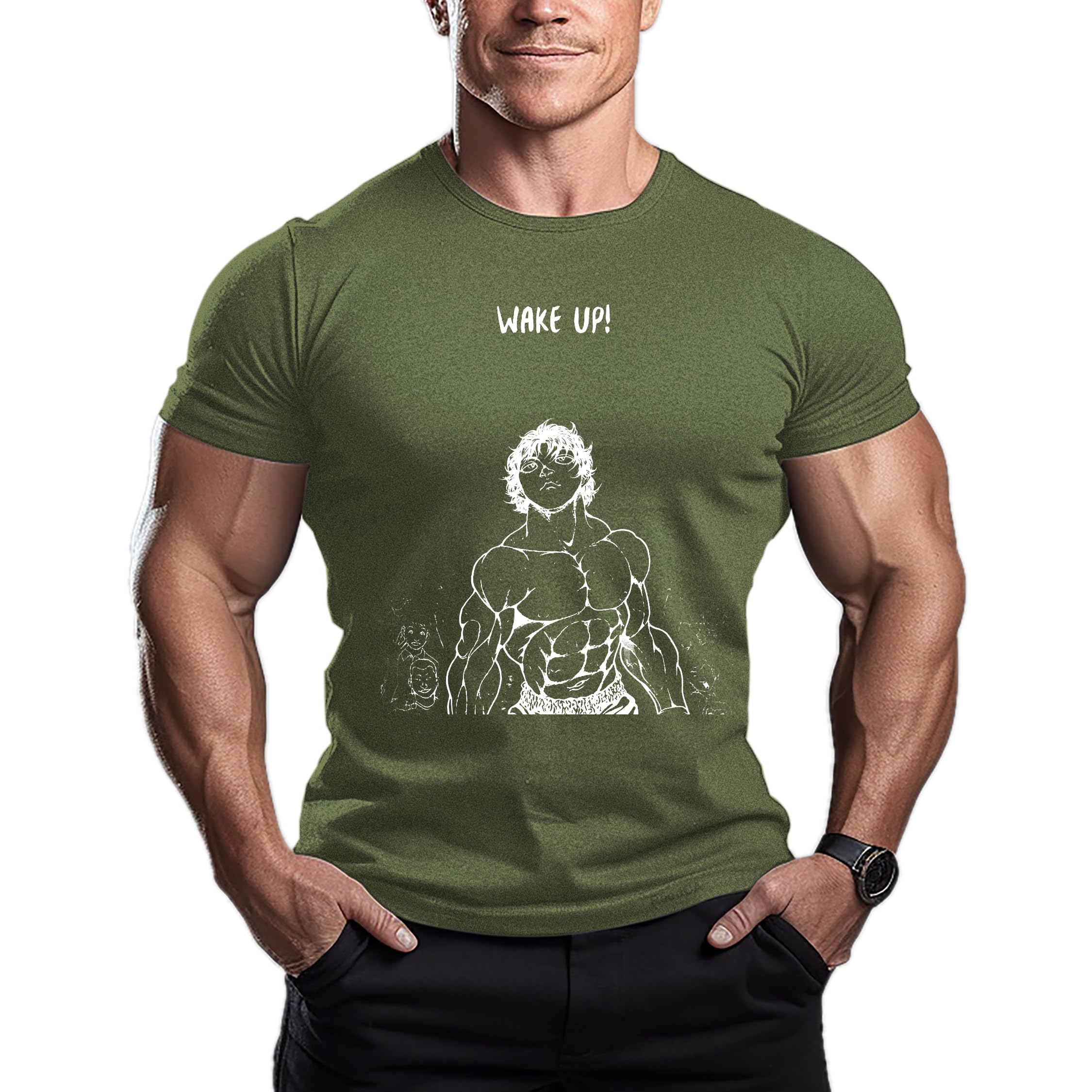 ReedCAHanma Baki Wake Up - Fashion Mens Cotton Short Sleeve T-Shirt Muscle Athletic Workout Bodybuilding Shirts