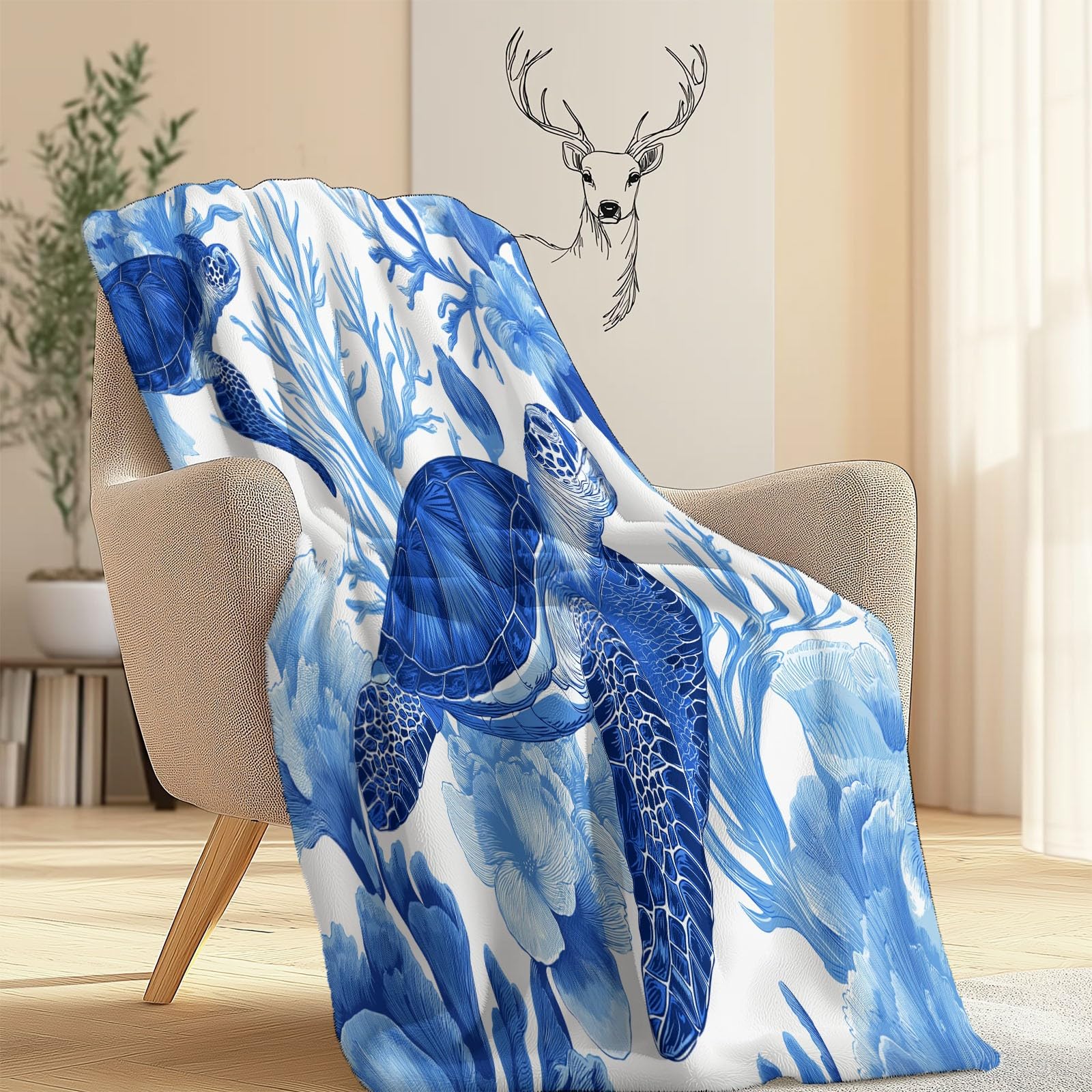 Decke Flanell 150 x 200 cm Geschenke für Frauen und Männer - Handgezeichnete Korallentiere Witzige Geschenke für Freunde zu Weihnachten und Geburtstag, Blau Weiß