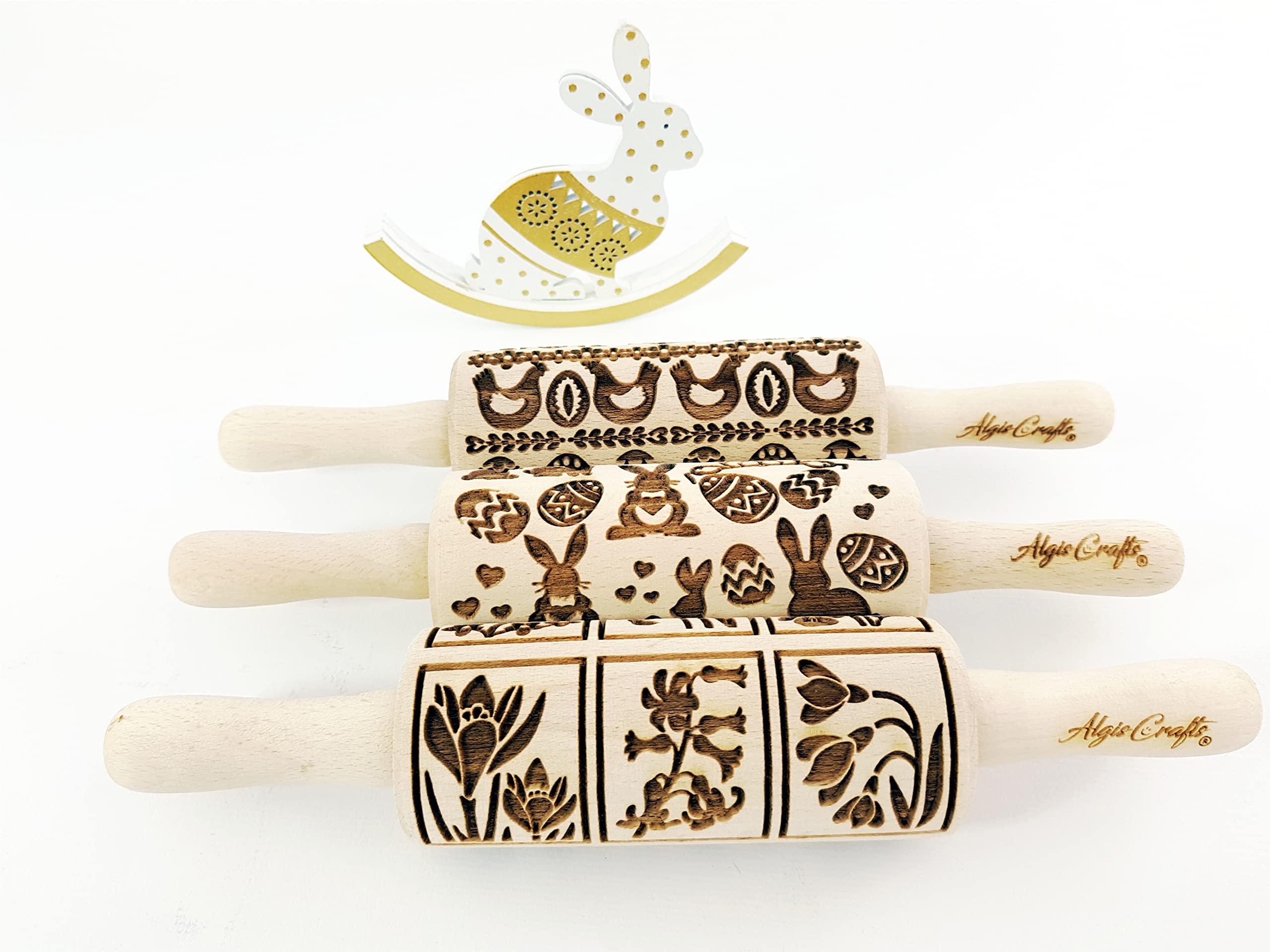 Easter 3 Mini Embossed Rolling Pin Set. Wooden Laser Cut Embossing Rolling Pins for Embossed Cookies. Easter, Rabbit, Egg - Image 2
