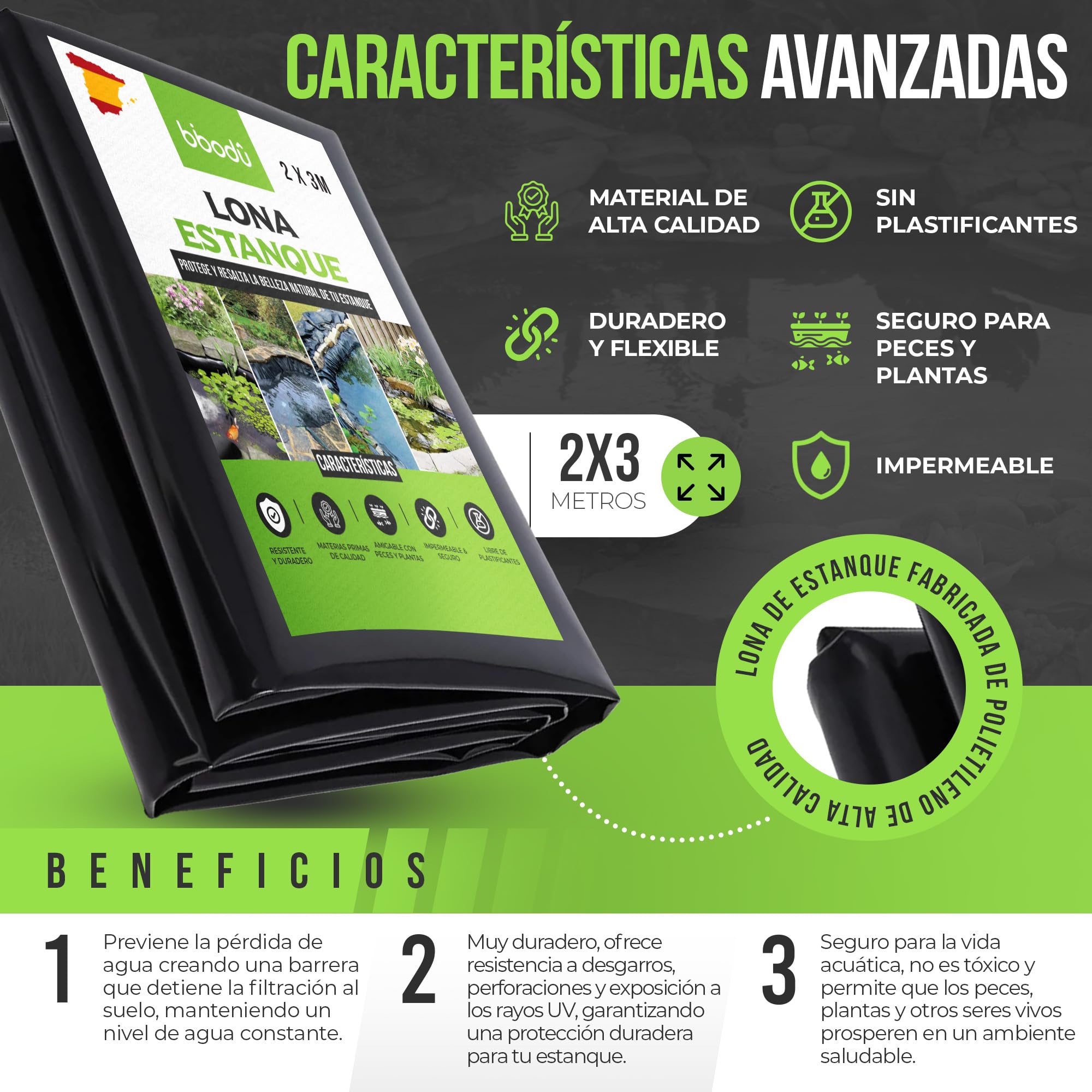 Lona Estanque PVC 2M x 3M - Color Negro | Lona HDPE para Estanques de Alto Rendimiento | Grosor 0.2 mm - Galga 800 Estanques de Peces, Fuentes, Jardines y Cascadas
