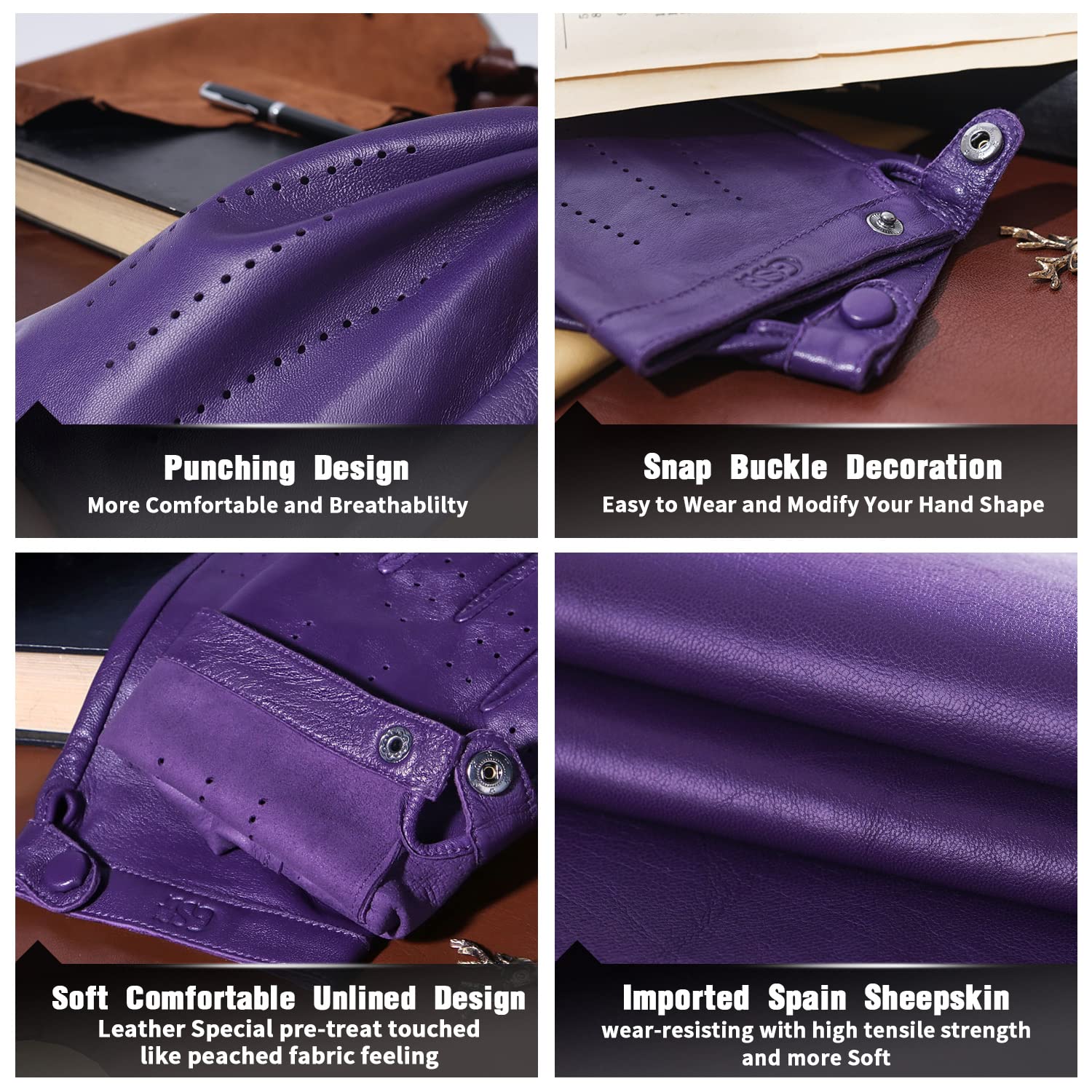 GSG SINCE 1998 Mitaines femme cuir d’agneau sans doigts | Gants sans doigts femme en cuir d’agneau non doublé, détails perforés, bouton-pression : conduite, voiture, look chic