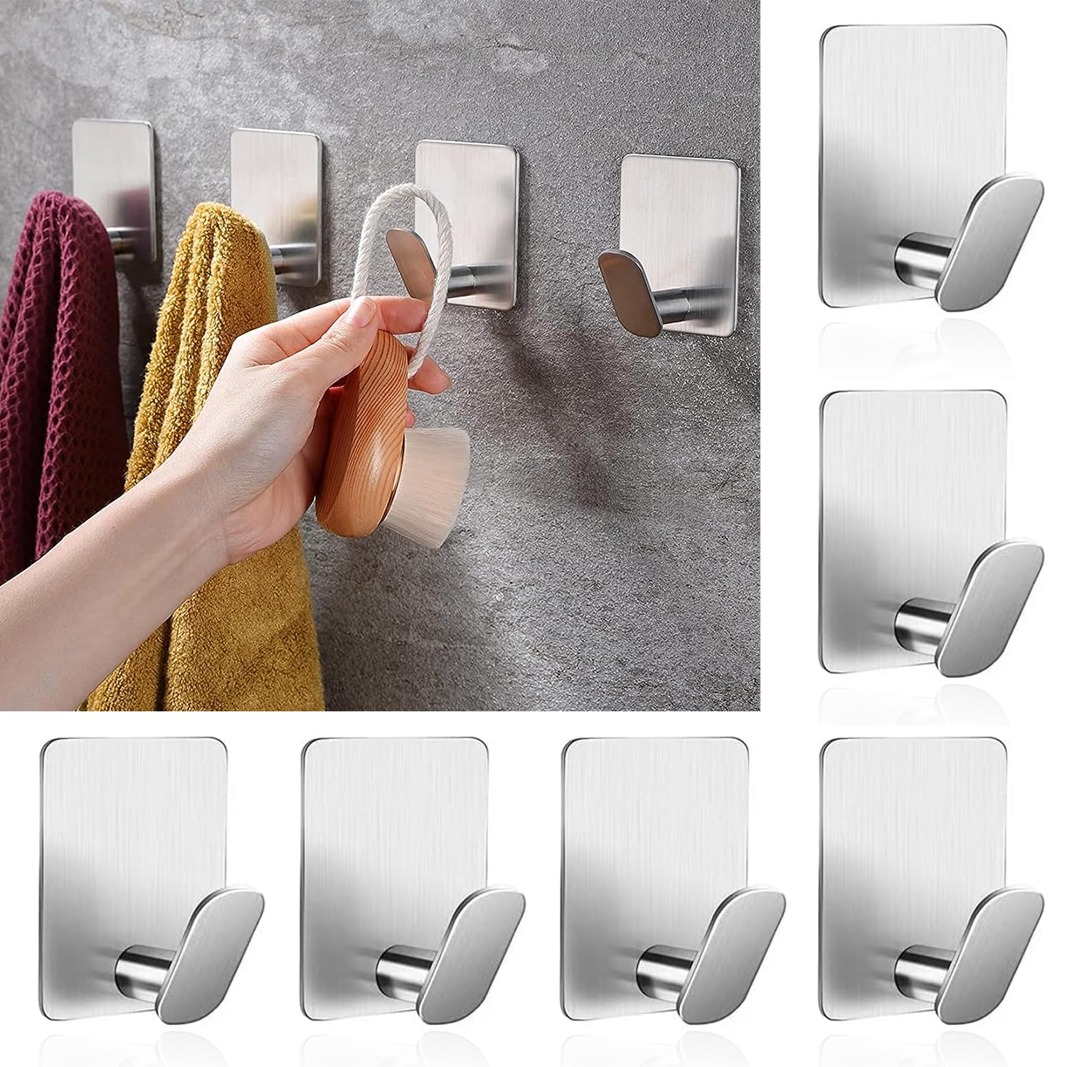 Yoawllty 6 Pcs Adhesive Wall Hook Towel Hooks,Heavy Duty for Hanging Towels, Robes, Coats, Keys,Calendars, Stick on Bathroom/Room/Door/Kitchen SUS 304 Stainless Steel(silver1)
