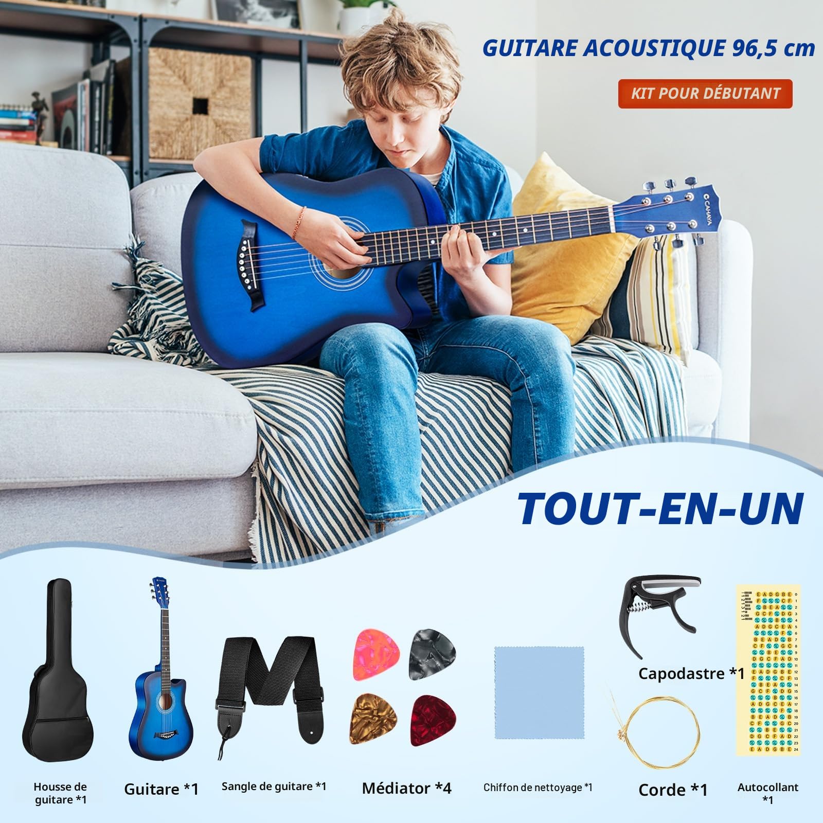 CAHAYA Guitare acoustique ：38 pouces All Wood, Pour débutant, pour enfants adolescents et adultes avec sac de guitare, cordes en laiton, capodastre, médiator, autocollants d'échelle et tissu CY0354
