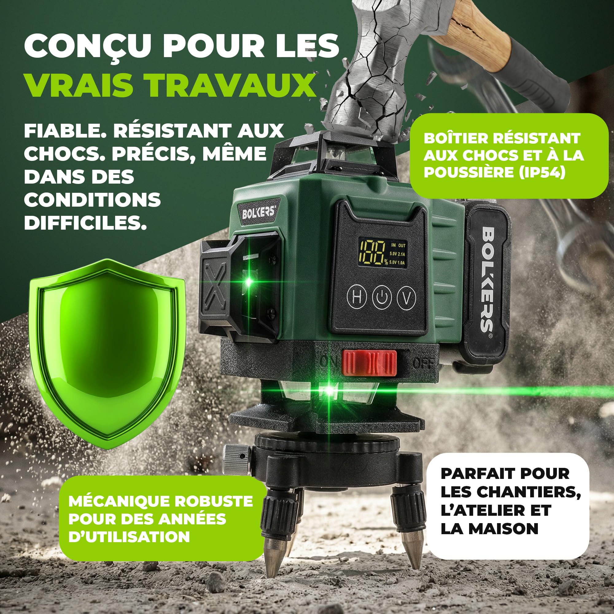 ProLaser 4x360° Niveau Laser Croix avec Trépied - Laser Vert Autonivelant, Niveau Laser Chantier, 16 Lignes, 2 Batteries, Mallette & Accessoires pour Carrelage, Mur & Installation