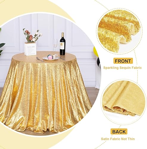 Miniatura 2 de Poise3EHome Mantel de lentejuelas doradas  Mantel redondo brillante de 90 pulgadas  Mantel de lentejuelas y tela de satén para fiestas, bodas, baby