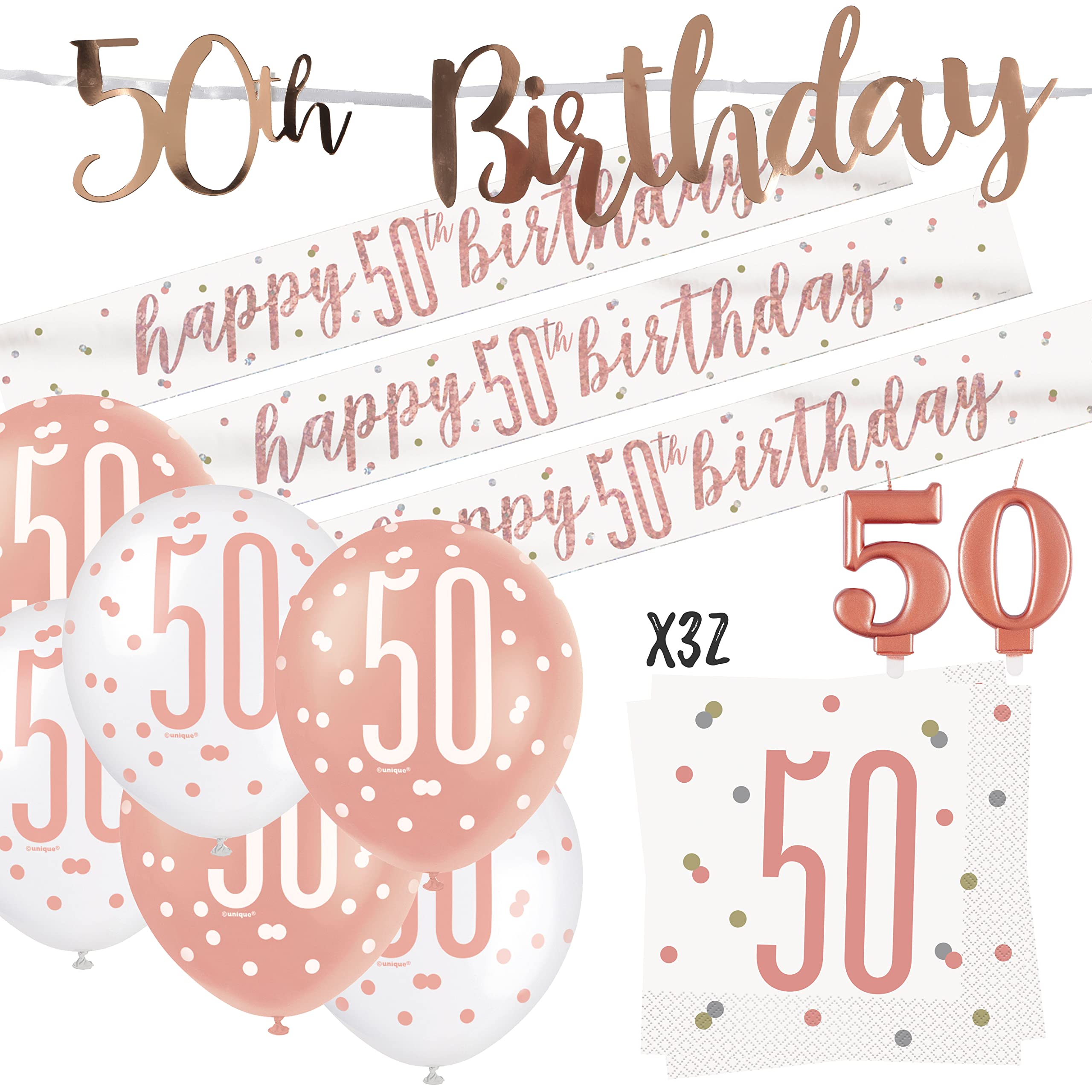 50th Birthday Decorations Rose Gold, 50th Birthday Balloons, 50th Birthday Banners for Women, 50th Birthday Candles, 50th Birthday Napkins