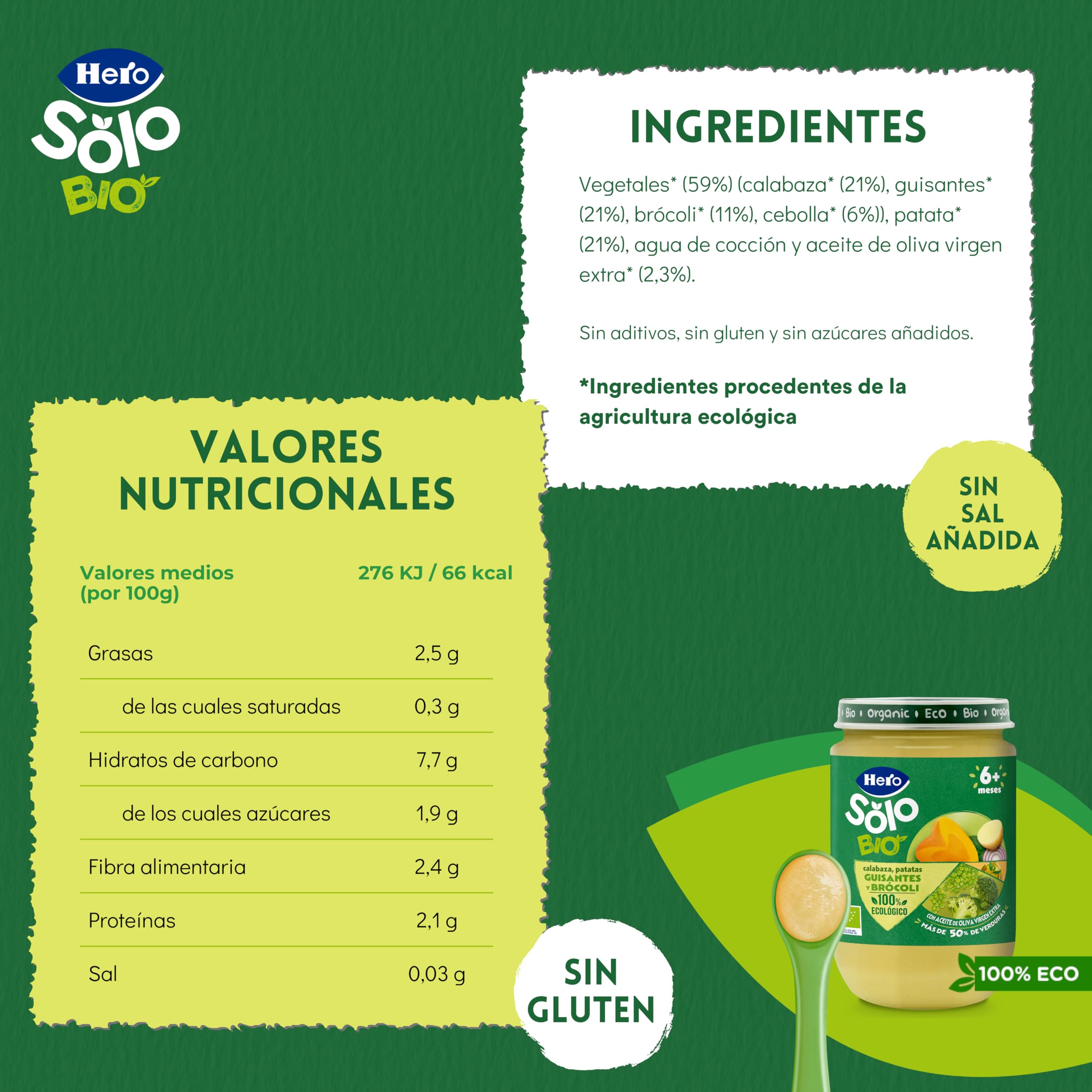 Hero Solo Bio Tarritos de Calabaza, Patatas, Guisantes y Brocoli 100% Ecológico 12 x 190 g