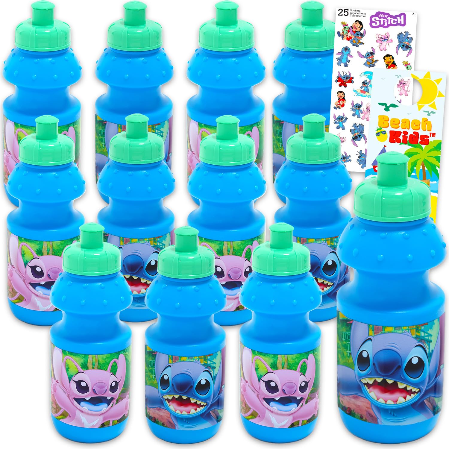 Stitch Kids 11 Oz Reusable Water Bottles - Stitch Party Favor 12 Piece Bundle with 11 Oz Bottle with Pull Top Lid Plus Stickers for Boys, Girls | Bulk